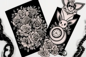 Polaroid picture of Eevee coming out in 3d with flowers and a pocket watch reading 4:15 neo traditional tattoo idea