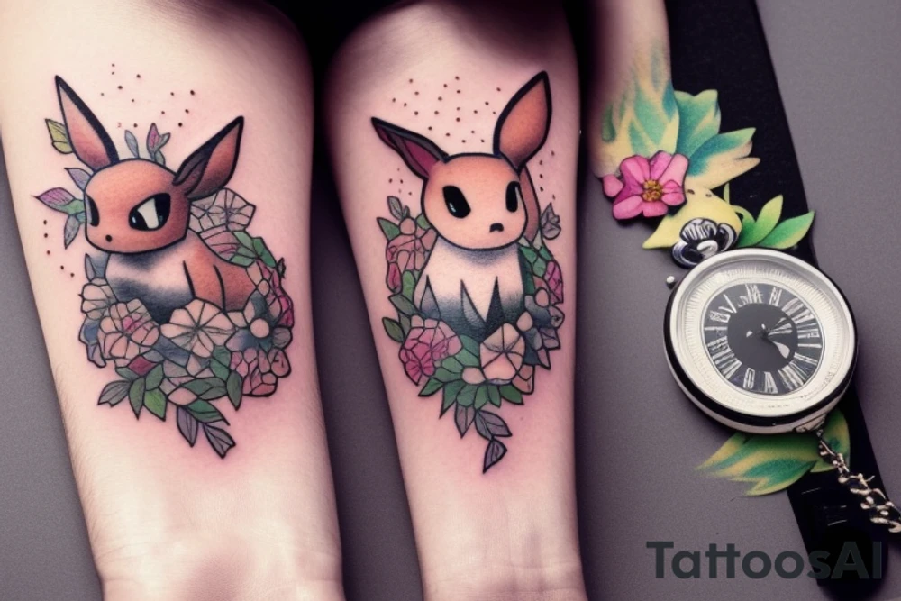 Polaroid picture of Eevee coming out in 3d with flowers and a pocket watch reading 4:15 neo traditional tattoo idea