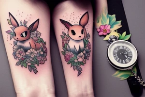 Polaroid picture of Eevee coming out in 3d with flowers and a pocket watch reading 4:15 neo traditional tattoo idea