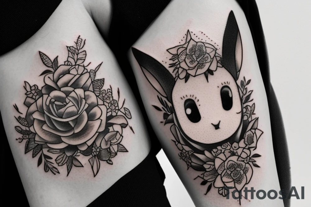 Polaroid picture of Eevee coming out in 3d with flowers and a pocket watch reading 4:15 neo traditional tattoo idea