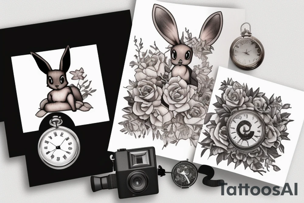 Polaroid picture of Eevee coming out in 3d with flowers and a pocket watch reading 4:15 neo traditional tattoo idea