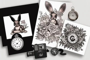 Polaroid picture of Eevee coming out in 3d with flowers and a pocket watch reading 4:15 neo traditional tattoo idea