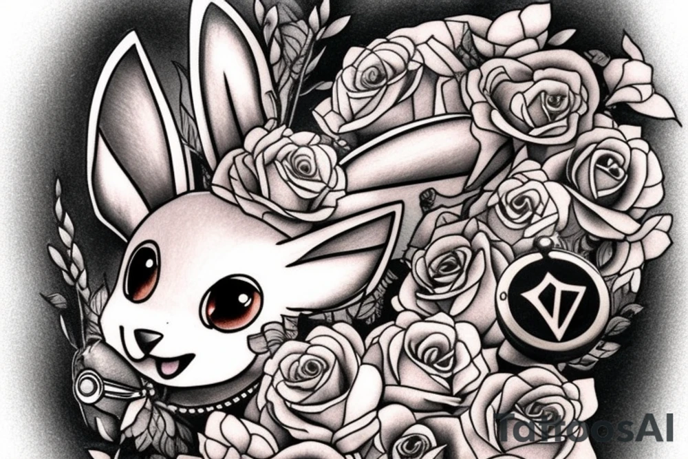 Polaroid picture of Eevee coming out in 3d with flowers and a pocket watch reading 4:15 neo traditional tattoo idea