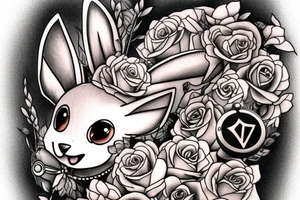 Polaroid picture of Eevee coming out in 3d with flowers and a pocket watch reading 4:15 neo traditional tattoo idea