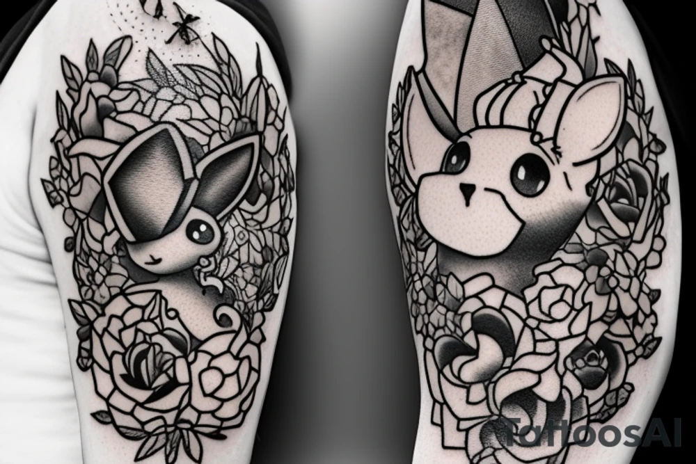 Polaroid picture of Eevee coming out in 3d with flowers and a pocket watch reading 4:15 neo traditional tattoo idea