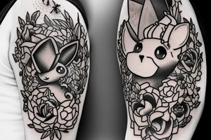 Polaroid picture of Eevee coming out in 3d with flowers and a pocket watch reading 4:15 neo traditional tattoo idea