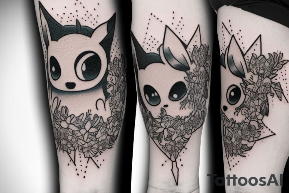 Polaroid picture of Eevee coming out in 3d with flowers and a pocket watch reading 4:15 neo traditional tattoo idea