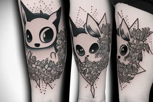 Polaroid picture of Eevee coming out in 3d with flowers and a pocket watch reading 4:15 neo traditional tattoo idea