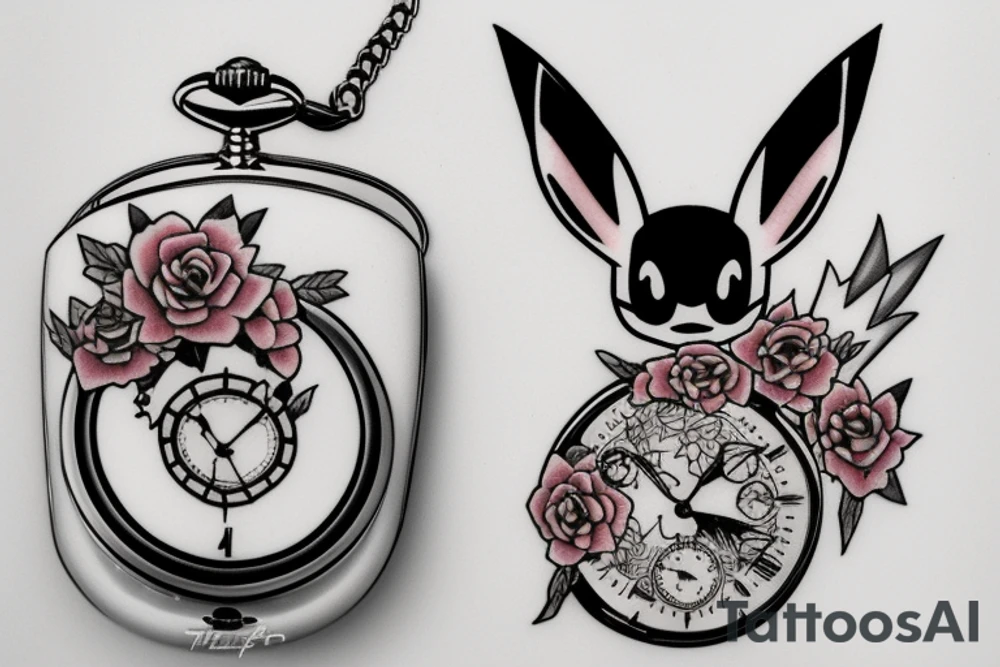 Polaroid picture of the pikemon Eevee with flowers and a pocket watch reading 4:15 in neo traditional tattoo idea
