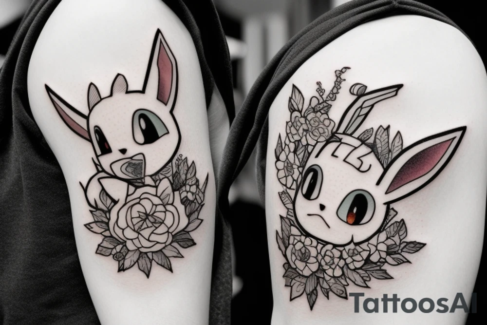 Polaroid picture of the pikemon Eevee with flowers and a pocket watch reading 4:15 in neo traditional tattoo idea