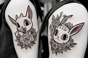 Polaroid picture of the pikemon Eevee with flowers and a pocket watch reading 4:15 in neo traditional tattoo idea