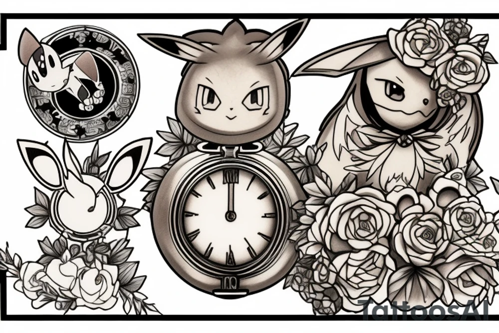 Polaroid picture of the Pokemon Eevee with flowers and a pocket watch reading 4:15 in neo traditional tattoo idea
