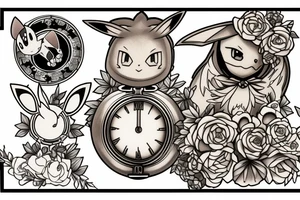 Polaroid picture of the Pokemon Eevee with flowers and a pocket watch reading 4:15 in neo traditional tattoo idea