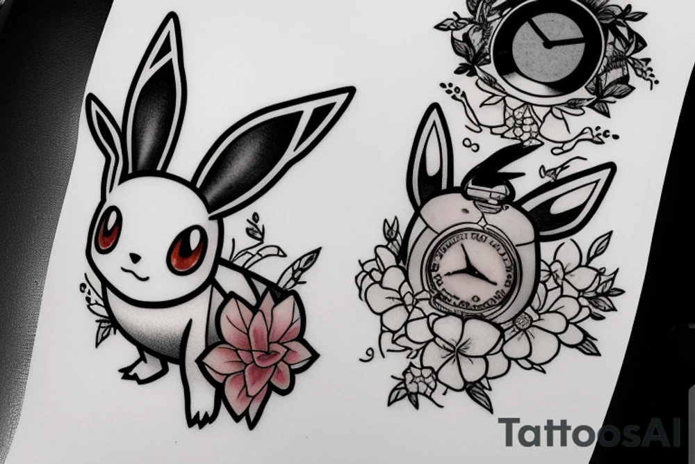 Polaroid picture of the Pokemon Eevee with flowers and a pocket watch reading 4:15 in neo traditional tattoo idea