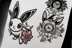 Polaroid picture of the Pokemon Eevee with flowers and a pocket watch reading 4:15 in neo traditional tattoo idea
