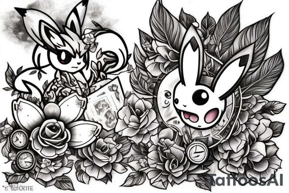 Polaroid picture of the Pokemon Eevee with flowers and a pocket watch reading 4:15 in neo traditional scrolls tattoo idea