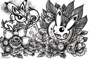 Polaroid picture of the Pokemon Eevee with flowers and a pocket watch reading 4:15 in neo traditional scrolls tattoo idea