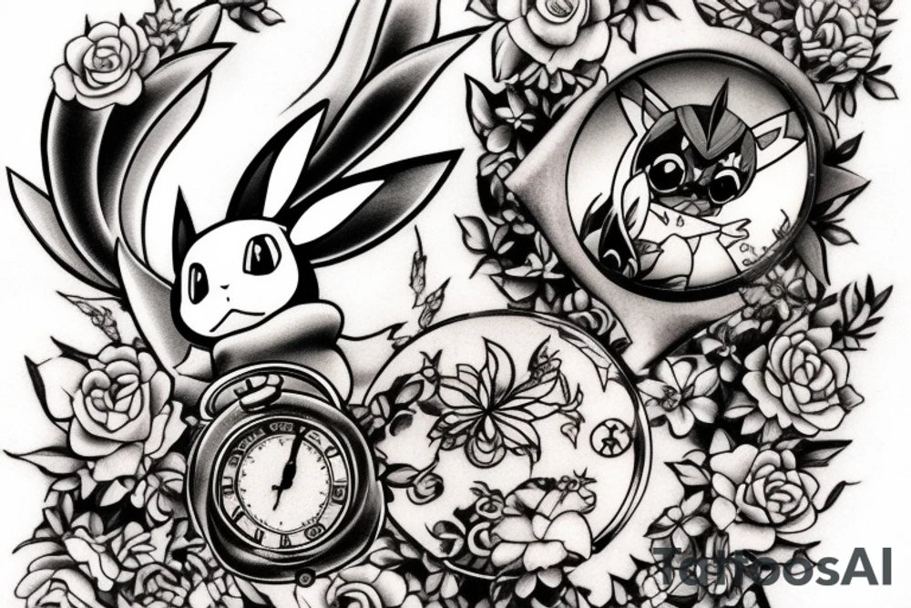 Polaroid picture of the Pokemon Eevee with flowers and a pocket watch reading 4:15 in neo traditional scrolls tattoo idea