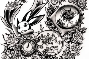 Polaroid picture of the Pokemon Eevee with flowers and a pocket watch reading 4:15 in neo traditional scrolls tattoo idea