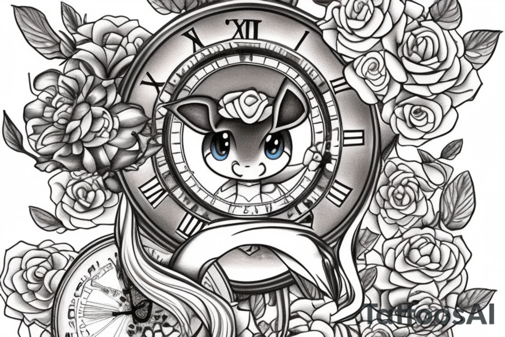 Eevee with flowers and a pocket watch reading 4:15 in neo traditional scrolls and artistic lines and dots tattoo idea