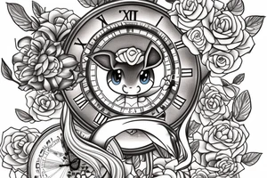 Eevee with flowers and a pocket watch reading 4:15 in neo traditional scrolls and artistic lines and dots tattoo idea