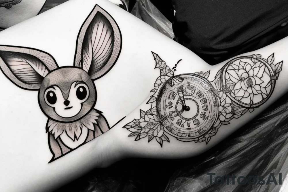 Eevee with flowers and a pocket watch reading 4:15 in neo traditional scrolls and artistic lines and dots tattoo idea