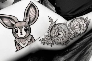 Eevee with flowers and a pocket watch reading 4:15 in neo traditional scrolls and artistic lines and dots tattoo idea