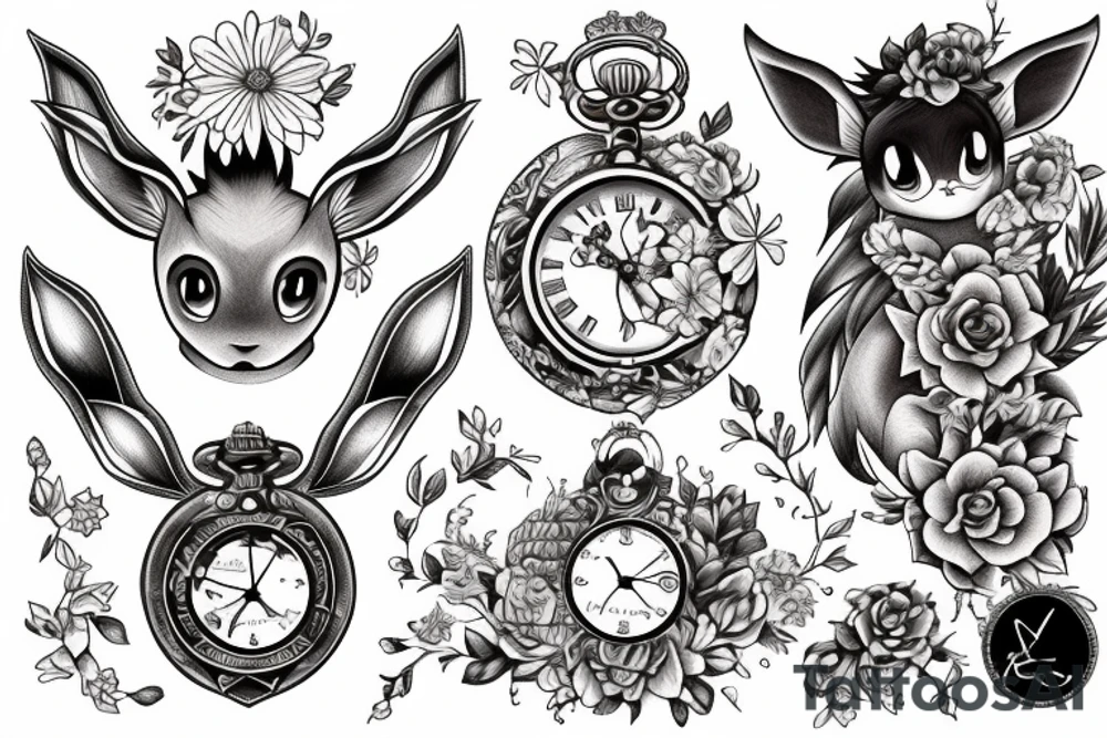 Eevee with flowers and a pocket watch reading 4:15 in neo traditional scrolls and artistic lines and dots tattoo idea