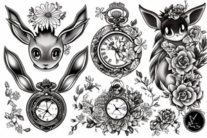 Eevee with flowers and a pocket watch reading 4:15 in neo traditional scrolls and artistic lines and dots tattoo idea