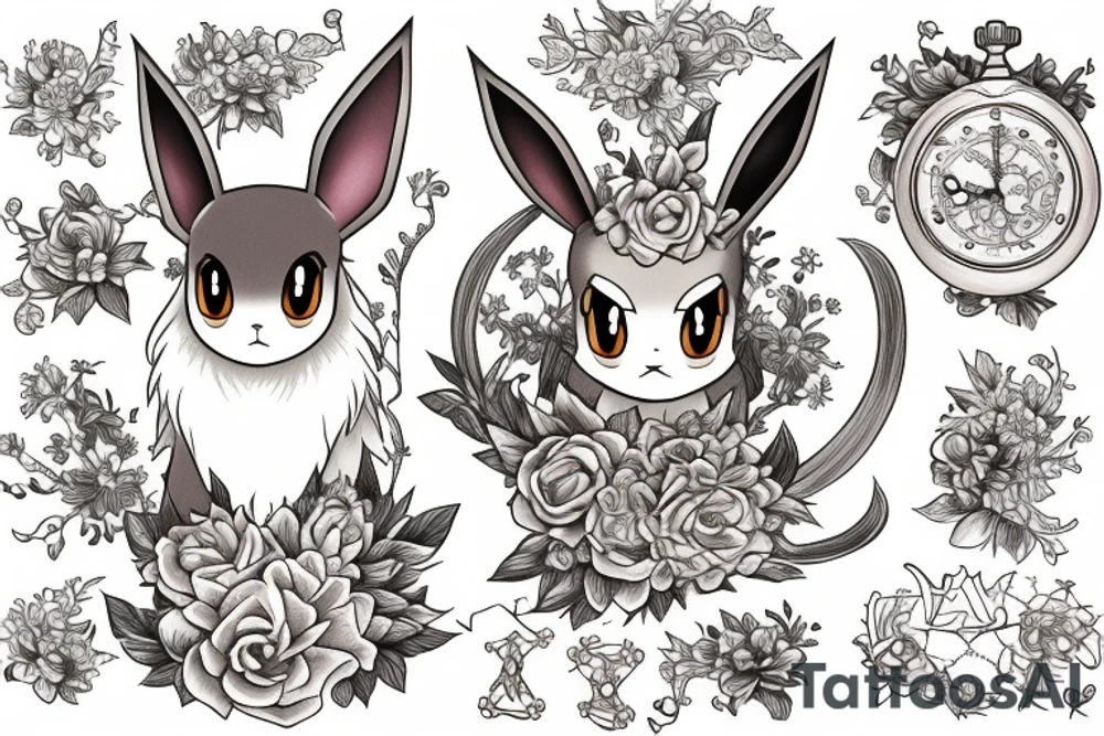 Eevee with flowers and a pocket watch reading 4:15 in neo traditional scrolls and artistic lines and dots tattoo idea