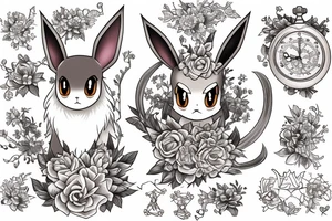 Eevee with flowers and a pocket watch reading 4:15 in neo traditional scrolls and artistic lines and dots tattoo idea