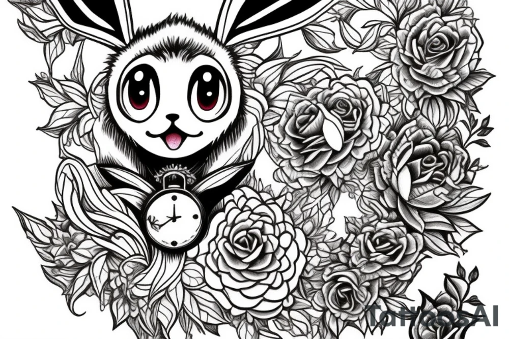Eevee with flowers and a pocket watch reading 4:15 in neo traditional scrolls and artistic lines and dots tattoo idea