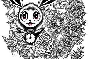 Eevee with flowers and a pocket watch reading 4:15 in neo traditional scrolls and artistic lines and dots tattoo idea