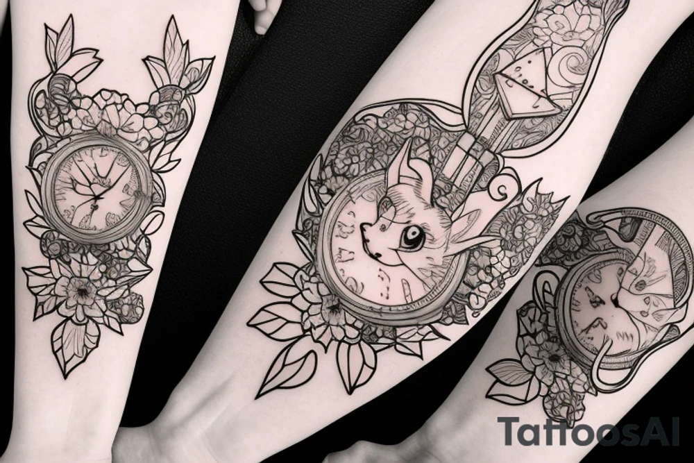 Eevee with flowers and a pocket watch reading 4:15 in neo traditional scrolls and artistic lines and dots tattoo idea