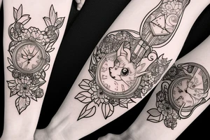 Eevee with flowers and a pocket watch reading 4:15 in neo traditional scrolls and artistic lines and dots tattoo idea