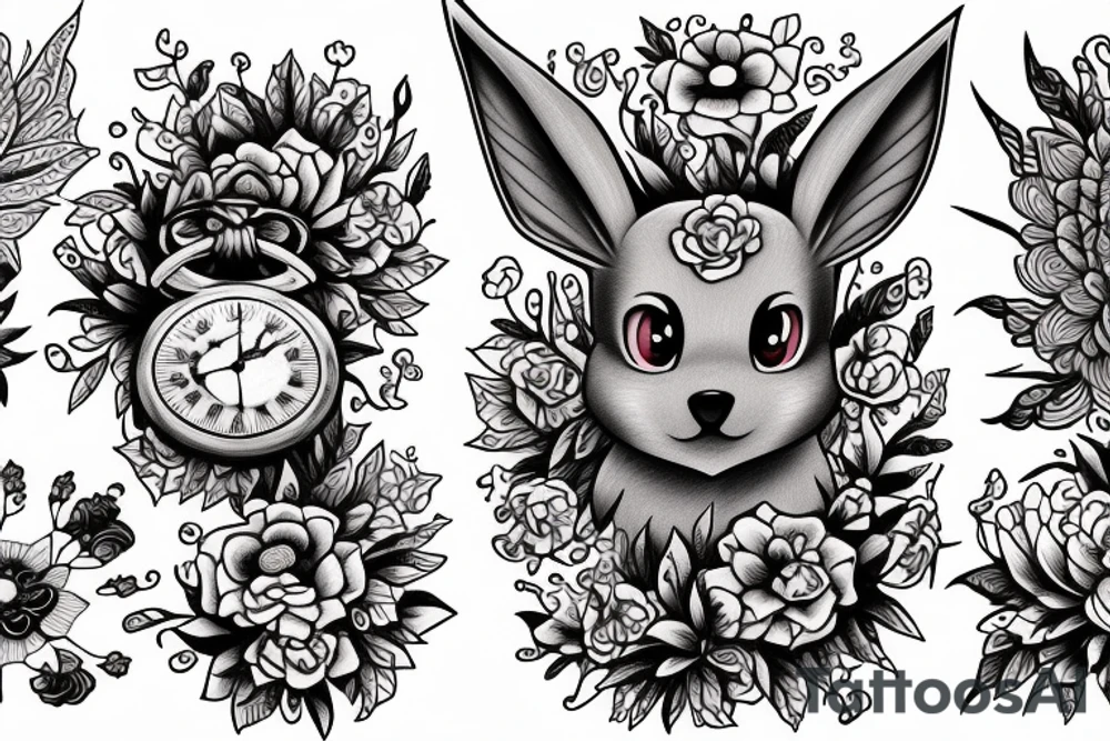 Eevee with flowers and a pocket watch reading 4:15 in neo traditional scrolls and artistic lines and dots tattoo idea