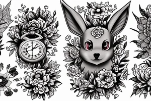 Eevee with flowers and a pocket watch reading 4:15 in neo traditional scrolls and artistic lines and dots tattoo idea