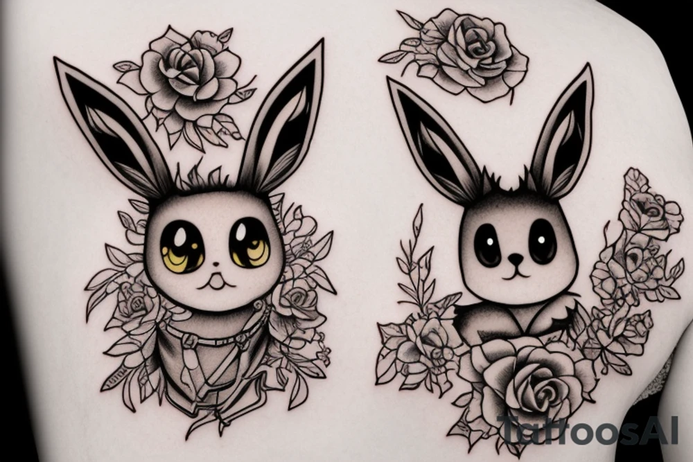 Eevee with flowers and a pocket watch reading 4:15 in neo traditional scrolls and artistic lines and dots tattoo idea
