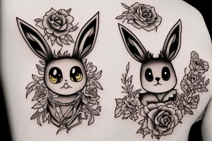 Eevee with flowers and a pocket watch reading 4:15 in neo traditional scrolls and artistic lines and dots tattoo idea