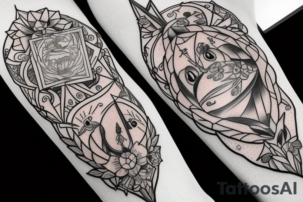 Eevee with flowers and a pocket watch reading 4:15 in neo traditional scrolls and artistic lines and dots tattoo idea