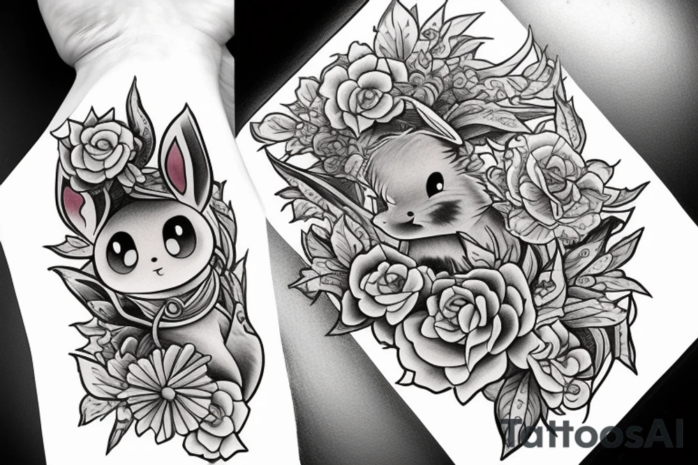 Eevee with flowers and a pocket watch reading 4:15 in neo traditional scrolls and artistic lines and dots tattoo idea