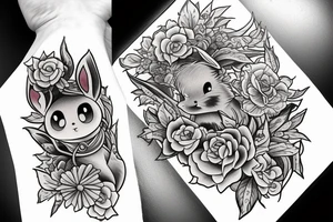 Eevee with flowers and a pocket watch reading 4:15 in neo traditional scrolls and artistic lines and dots tattoo idea