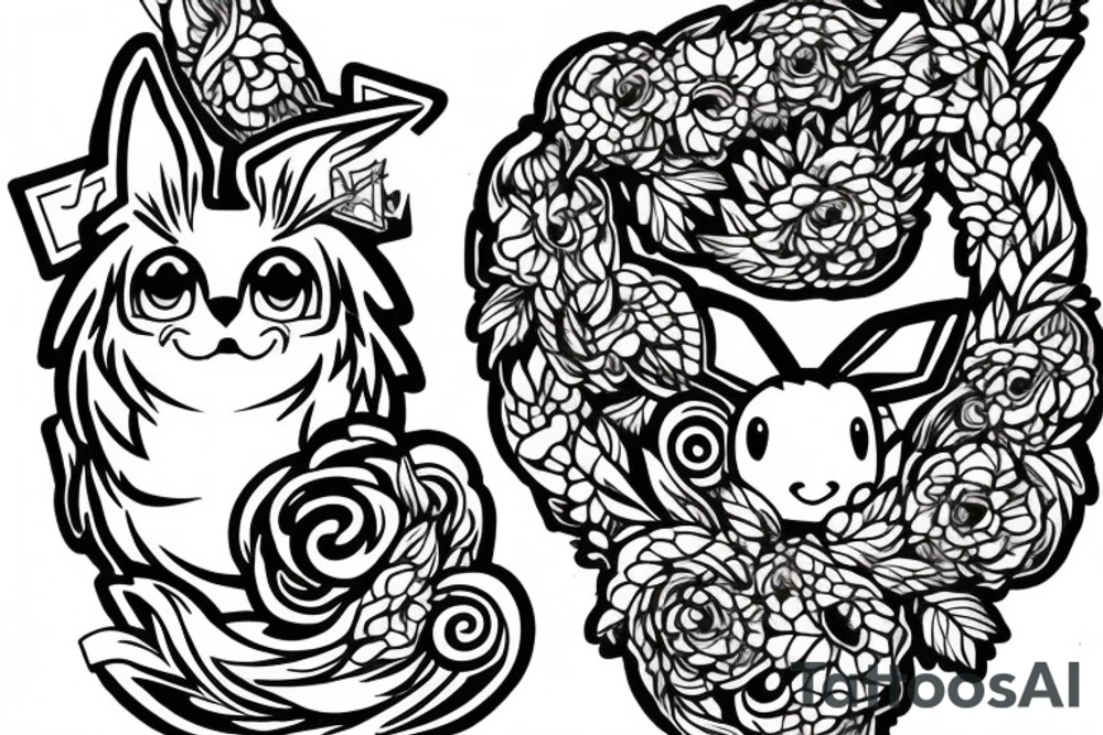 Eevee with flowers and a pocket watch reading 4:15 in neo traditional scrolls and artistic lines and dots tattoo idea