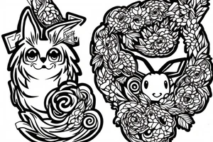 Eevee with flowers and a pocket watch reading 4:15 in neo traditional scrolls and artistic lines and dots tattoo idea