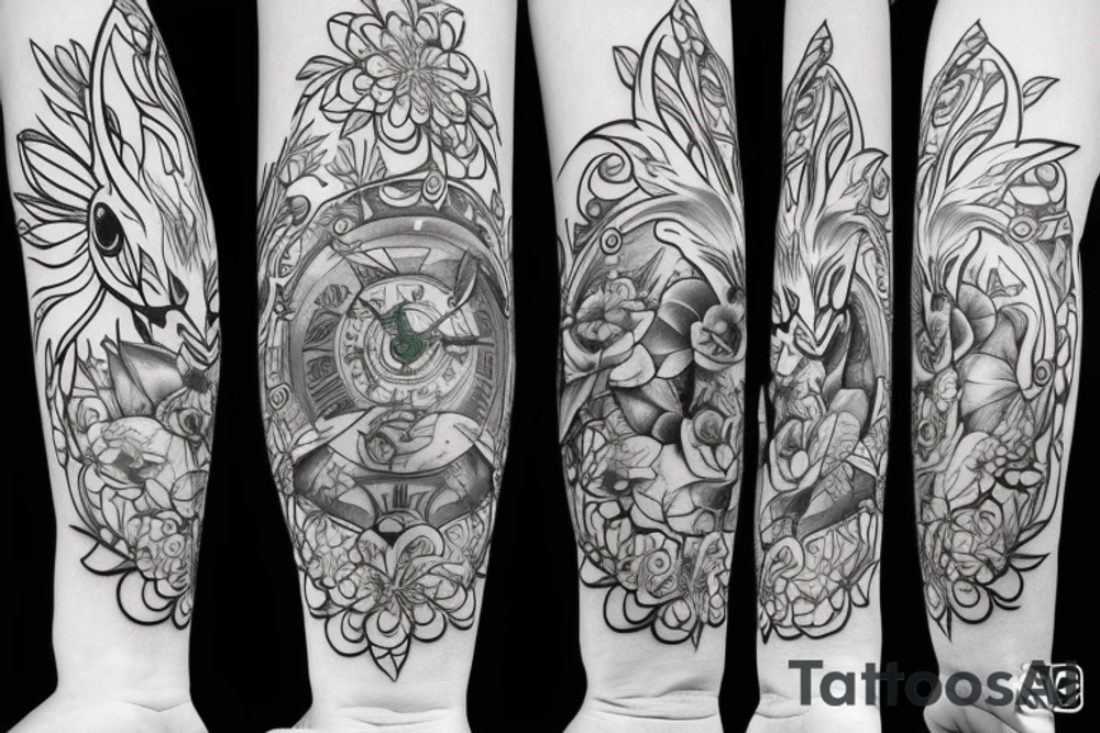 Eevee with flowers and a pocket watch reading 4:15 in neo traditional scrolls and artistic lines and dots tattoo idea