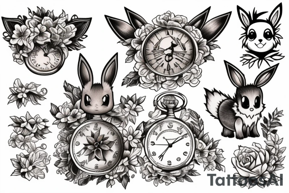 Eevee with flowers and a pocket watch reading 4:15 in neo traditional scrolls and artistic lines and dots tattoo idea