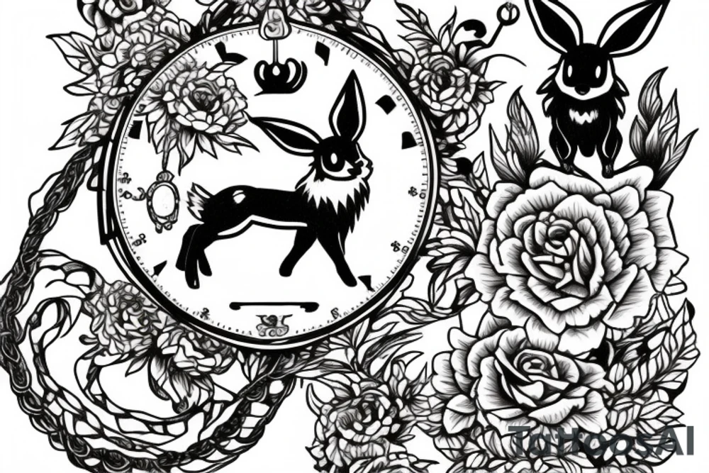 Eevee with flowers and a pocket watch reading 4:15 in neo traditional scrolls and artistic lines and dots tattoo idea