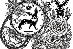 Eevee with flowers and a pocket watch reading 4:15 in neo traditional scrolls and artistic lines and dots tattoo idea