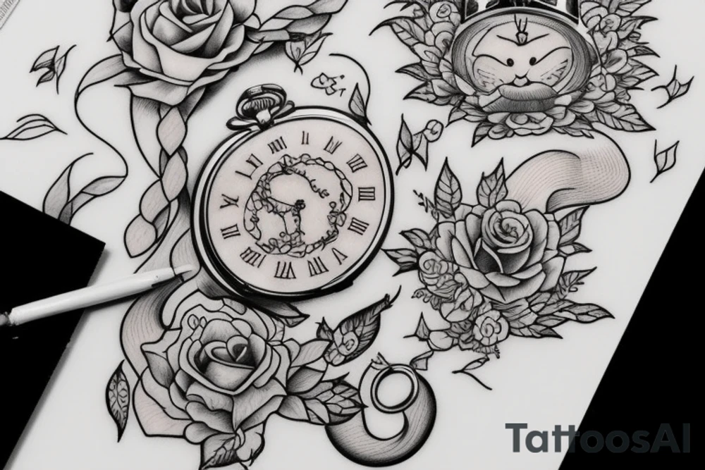 Eevee with flowers and a pocket watch reading 4:15 in neo traditional scrolls and artistic lines and dots tattoo idea