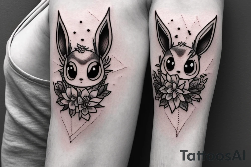 Eevee with flowers and a pocket watch reading 4:15 in neo traditional scrolls and artistic lines and dots tattoo idea